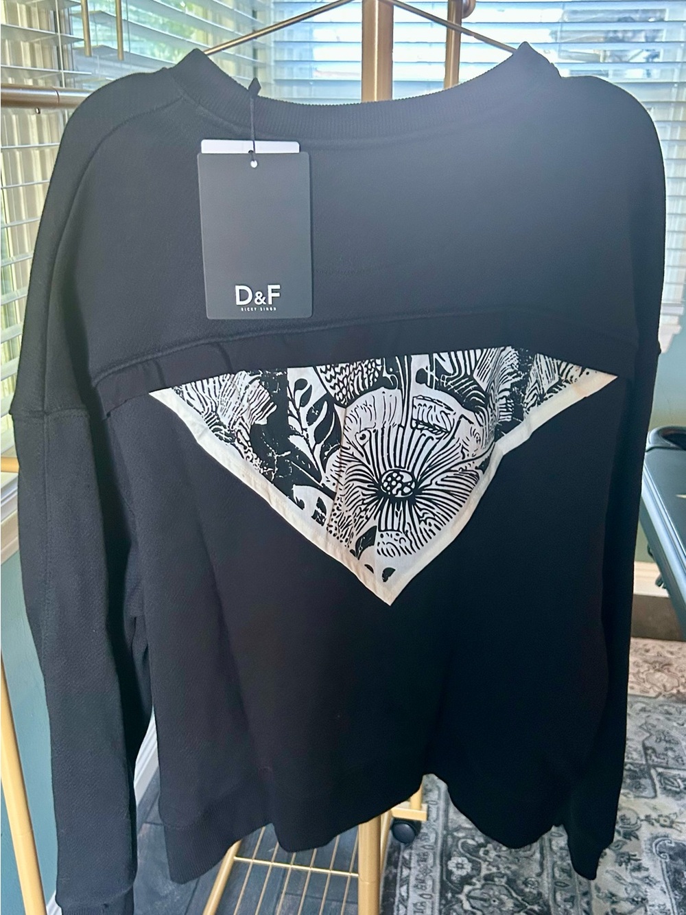 Denim & Flower Black Pullover Top with Printed Back Accent NWT $58 retail